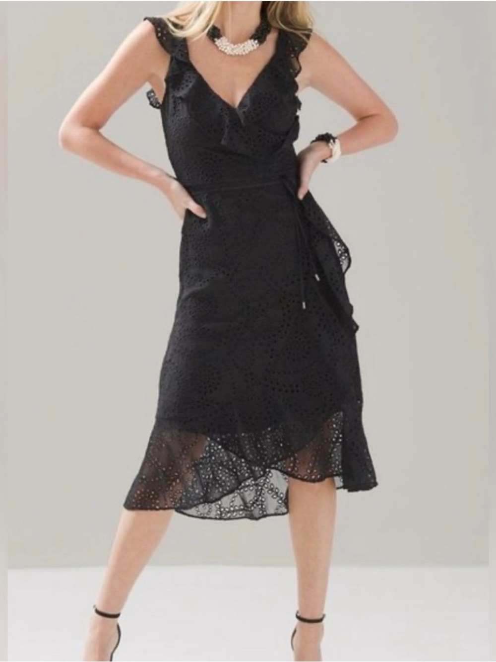 White House Black Market Black Eyelet Wrap Midi Dress